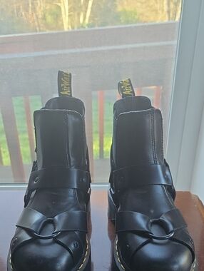 Dr. Martens Black Leather Ankle Boots with Yellow Welt Stitching